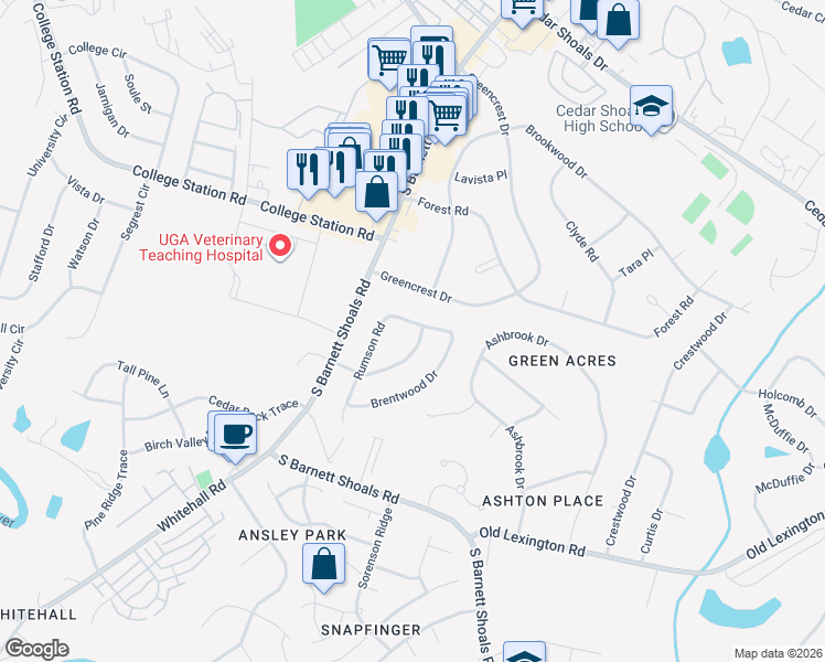 map of restaurants, bars, coffee shops, grocery stores, and more near 275 Clarke Drive in Athens