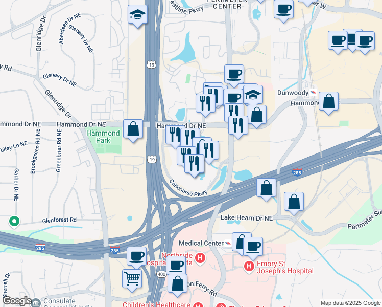 map of restaurants, bars, coffee shops, grocery stores, and more near 5 Concourse Parkway Northeast in Atlanta