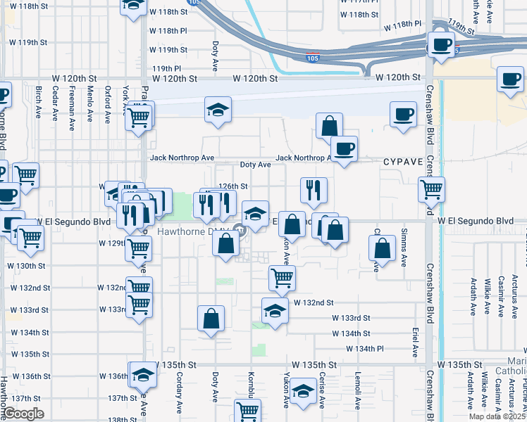 map of restaurants, bars, coffee shops, grocery stores, and more near 3643 West El Segundo Boulevard in Hawthorne
