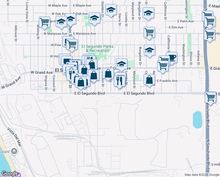 map of restaurants, bars, coffee shops, grocery stores, and more near in El Segundo