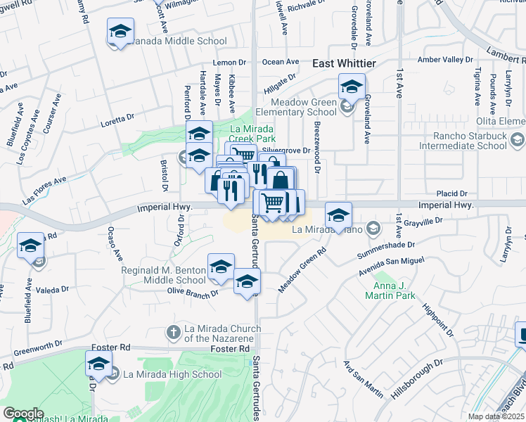 map of restaurants, bars, coffee shops, grocery stores, and more near in La Mirada