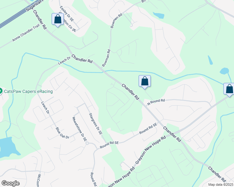 map of restaurants, bars, coffee shops, grocery stores, and more near 1645 Chandler Road in Lawrenceville