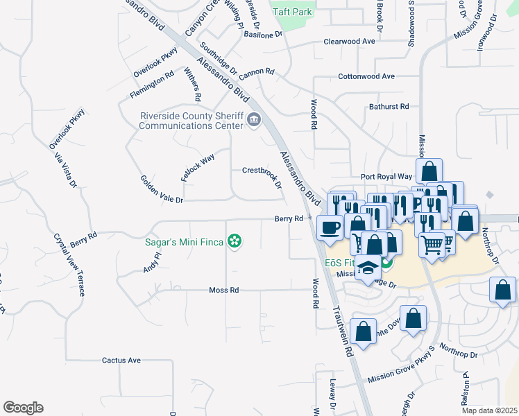 map of restaurants, bars, coffee shops, grocery stores, and more near 1042 Coronet Drive in Riverside