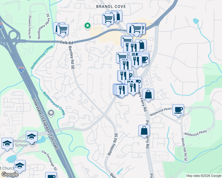 map of restaurants, bars, coffee shops, grocery stores, and more near 1407 Old Virginia Court Southeast in Marietta