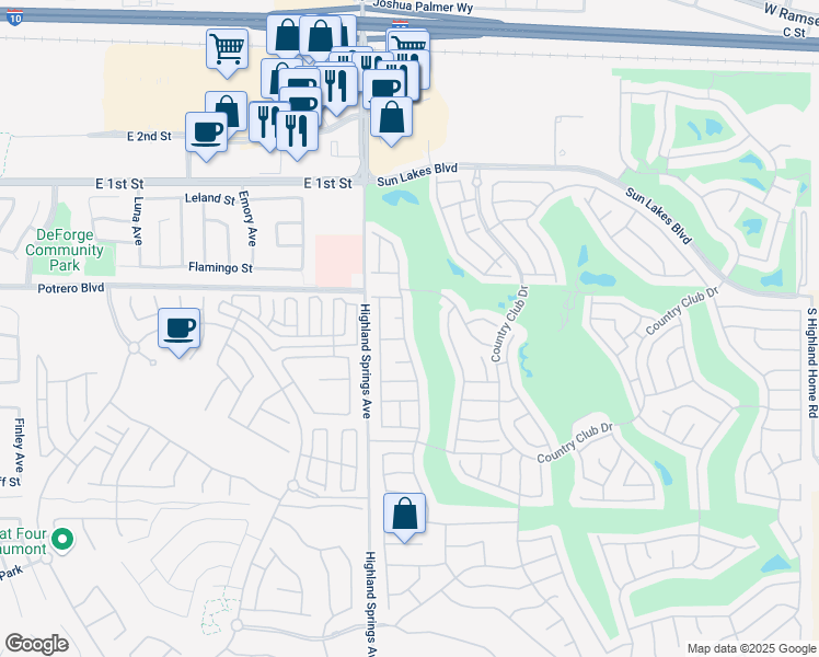 map of restaurants, bars, coffee shops, grocery stores, and more near 1040 Pine Valley Road in Banning