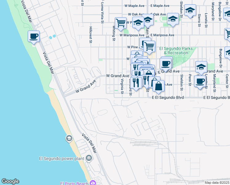 map of restaurants, bars, coffee shops, grocery stores, and more near 118 Whiting Street in El Segundo