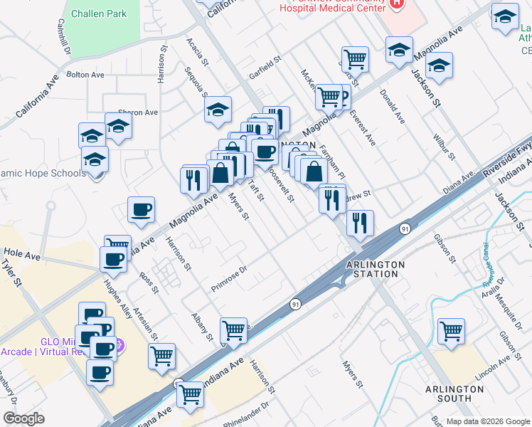 map of restaurants, bars, coffee shops, grocery stores, and more near 3643 Taft Street in Riverside