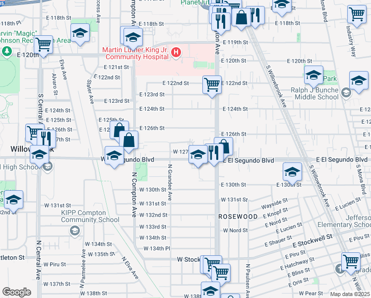 map of restaurants, bars, coffee shops, grocery stores, and more near 919 West 127th Place in Compton