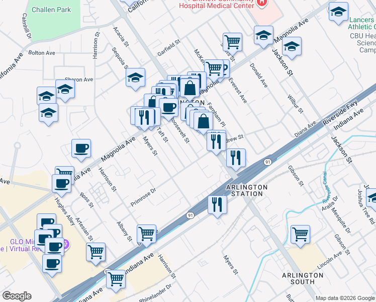 map of restaurants, bars, coffee shops, grocery stores, and more near 3608 Roosevelt Street in Riverside