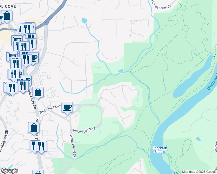 map of restaurants, bars, coffee shops, grocery stores, and more near 1500 Soaring Hawk Point Southeast in Atlanta