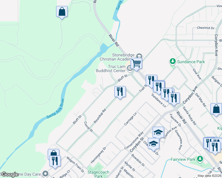 map of restaurants, bars, coffee shops, grocery stores, and more near 4921 Bluff Street in Norco