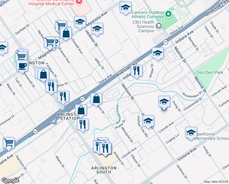 map of restaurants, bars, coffee shops, grocery stores, and more near 9213 Maywood Way in Riverside
