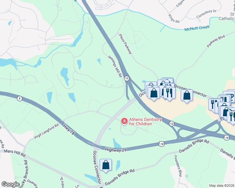 map of restaurants, bars, coffee shops, grocery stores, and more near 1331 Jennings Mill Rd in Bogart