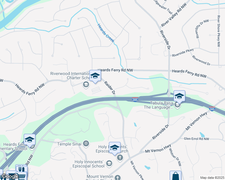 map of restaurants, bars, coffee shops, grocery stores, and more near 5900 Raider Drive in Sandy Springs