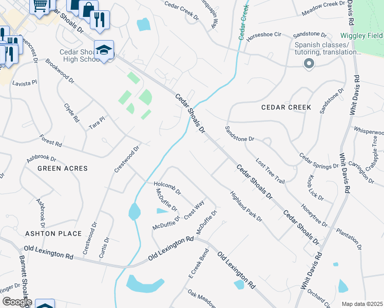 map of restaurants, bars, coffee shops, grocery stores, and more near 113 Highland Park Drive in Athens