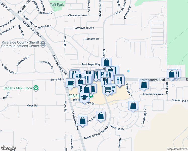 map of restaurants, bars, coffee shops, grocery stores, and more near 200 Alessandro Boulevard in Riverside