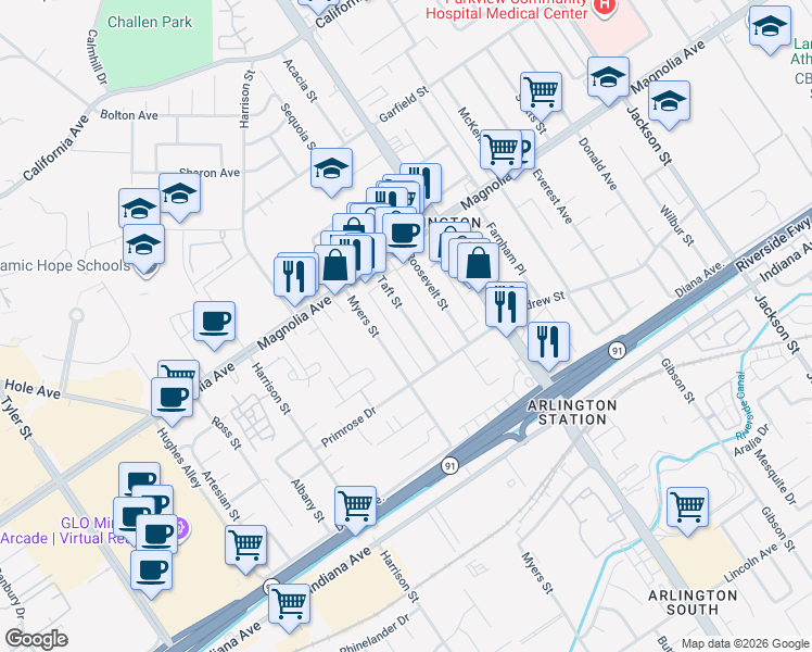 map of restaurants, bars, coffee shops, grocery stores, and more near 3643 Taft Street in Riverside