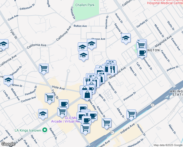 map of restaurants, bars, coffee shops, grocery stores, and more near 3863 Dawes Street in Riverside