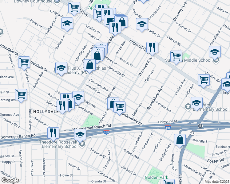 map of restaurants, bars, coffee shops, grocery stores, and more near 8222 Cheyenne Avenue in Downey