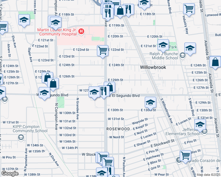map of restaurants, bars, coffee shops, grocery stores, and more near in Willowbrook