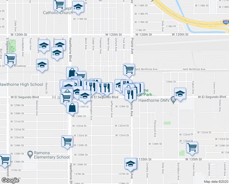 map of restaurants, bars, coffee shops, grocery stores, and more near 4141 West El Segundo Boulevard in Hawthorne