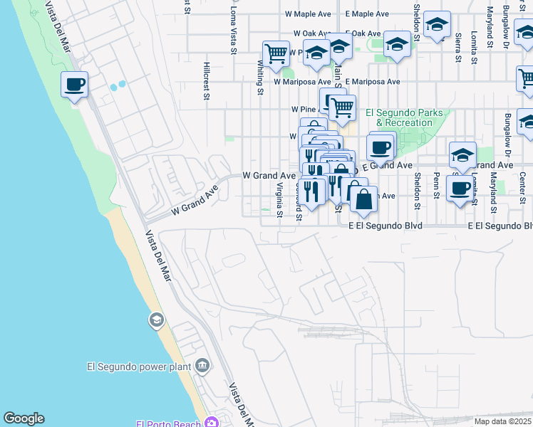 map of restaurants, bars, coffee shops, grocery stores, and more near 127 Binder Place in El Segundo
