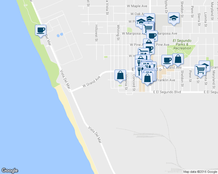 map of restaurants, bars, coffee shops, grocery stores, and more near 119 Loma Vista Street in El Segundo