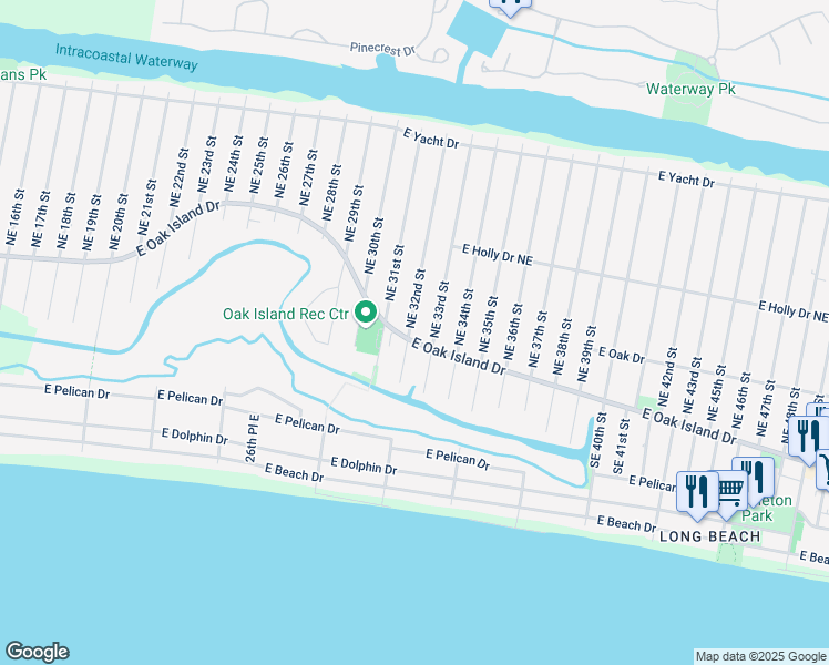 map of restaurants, bars, coffee shops, grocery stores, and more near 3205 East Oak Island Drive in Oak Island