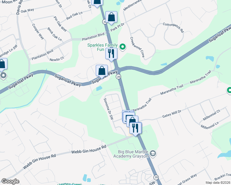 map of restaurants, bars, coffee shops, grocery stores, and more near 1002 Sonoma Drive Southwest in Lawrenceville