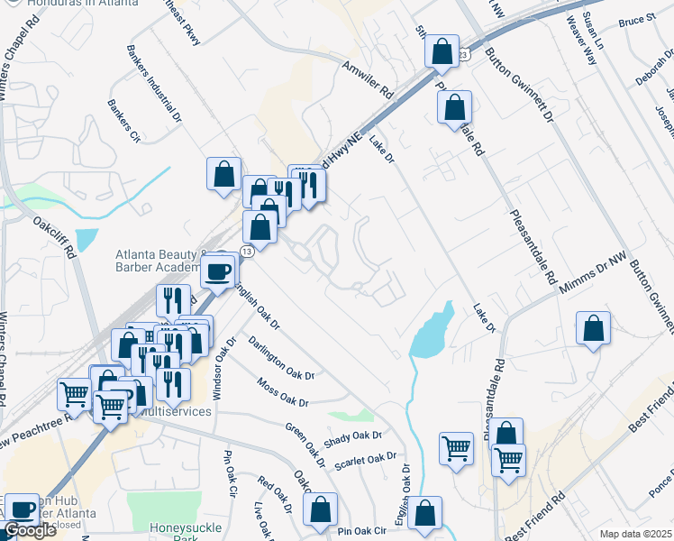 map of restaurants, bars, coffee shops, grocery stores, and more near 7168 Kingswood Run Drive in Atlanta