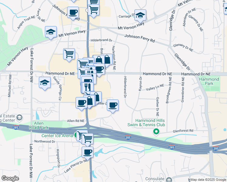 map of restaurants, bars, coffee shops, grocery stores, and more near 5920 Hilderbrand Drive in Atlanta