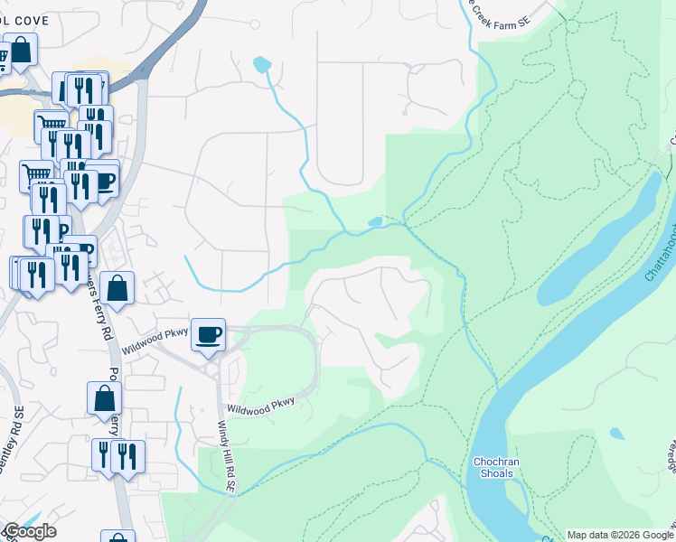 map of restaurants, bars, coffee shops, grocery stores, and more near 1500 Soaring Hawk Point Southeast in Atlanta