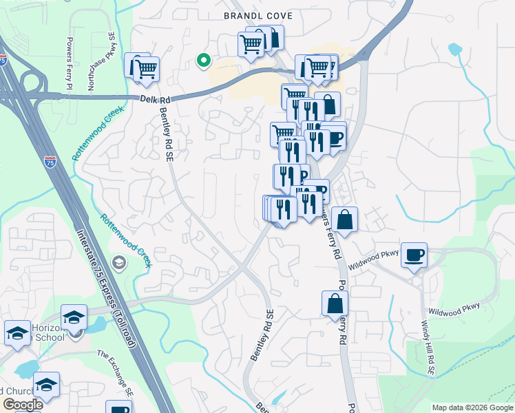 map of restaurants, bars, coffee shops, grocery stores, and more near 1416 Old Virginia Court Southeast in Marietta