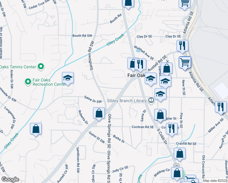 map of restaurants, bars, coffee shops, grocery stores, and more near 1500 Austell Road Southeast in Marietta