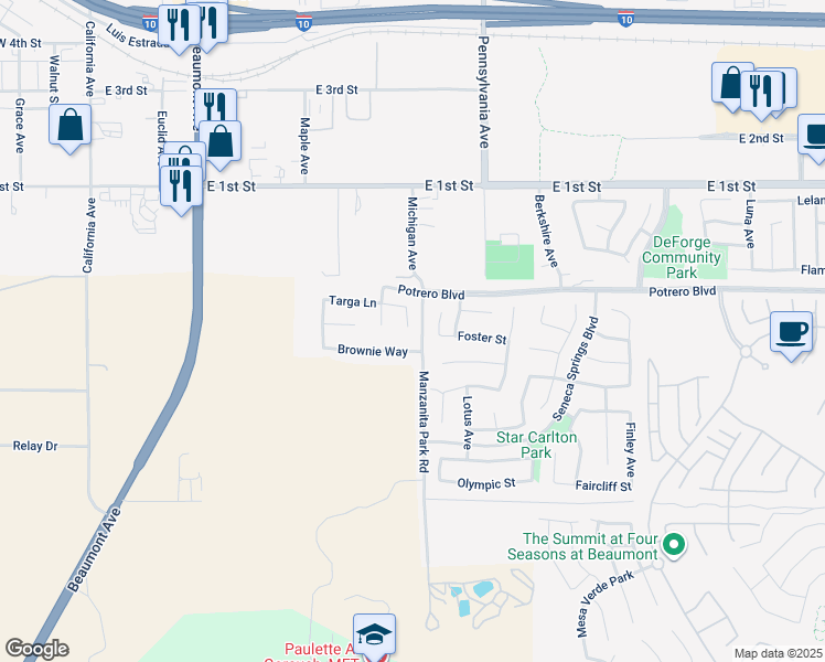 map of restaurants, bars, coffee shops, grocery stores, and more near 154 Kinn Avenue in Beaumont