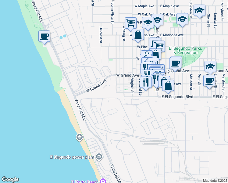 map of restaurants, bars, coffee shops, grocery stores, and more near 119 Loma Vista Street in El Segundo