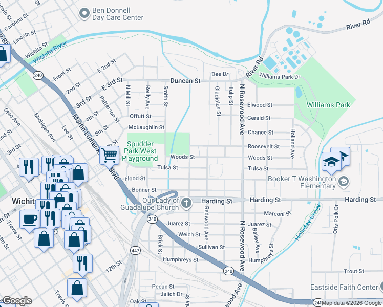 map of restaurants, bars, coffee shops, grocery stores, and more near 419 Woods Street in Wichita Falls