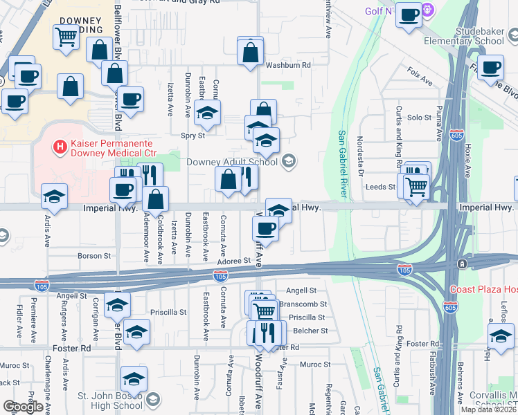 map of restaurants, bars, coffee shops, grocery stores, and more near Imperial Hwy & Woodruff Ave in Downey