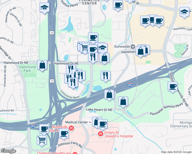 map of restaurants, bars, coffee shops, grocery stores, and more near 5901 Peachtree Dunwoody Road in Atlanta
