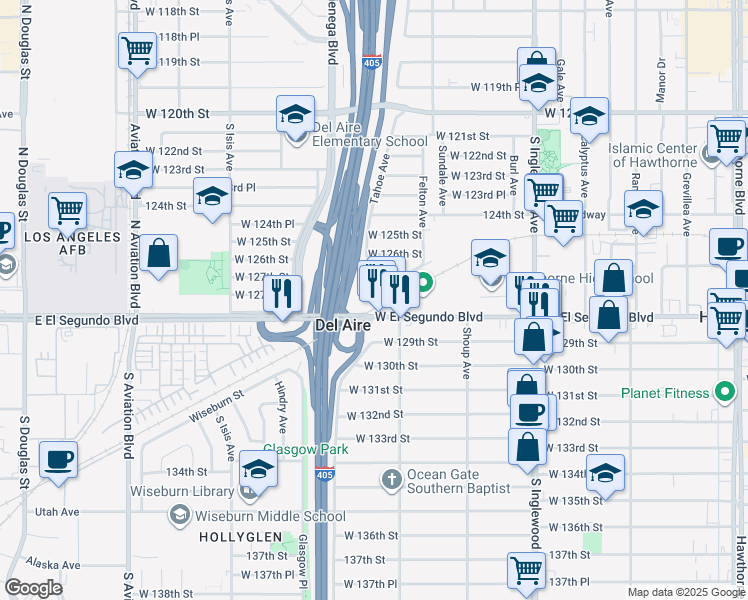 map of restaurants, bars, coffee shops, grocery stores, and more near 5127 West El Segundo Boulevard in Hawthorne