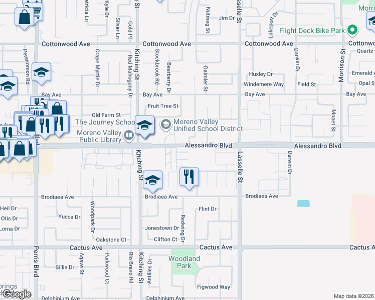map of restaurants, bars, coffee shops, grocery stores, and more near 25681 Alessandro Boulevard in Moreno Valley