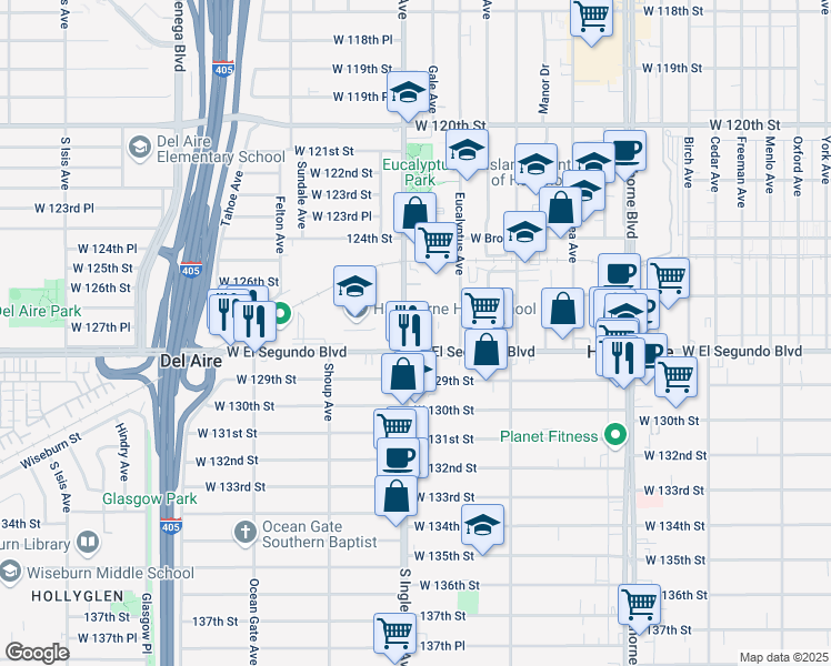 map of restaurants, bars, coffee shops, grocery stores, and more near 12714 Inglewood Avenue in Hawthorne