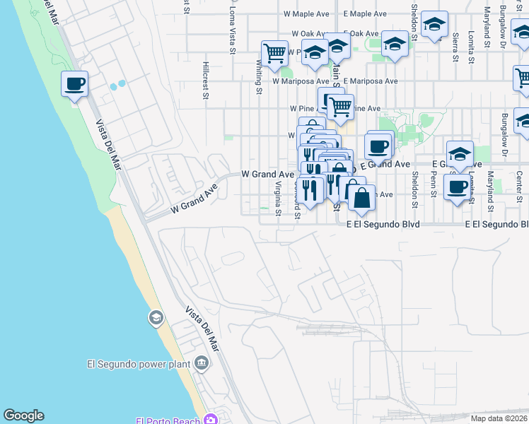 map of restaurants, bars, coffee shops, grocery stores, and more near 118 Whiting Street in El Segundo