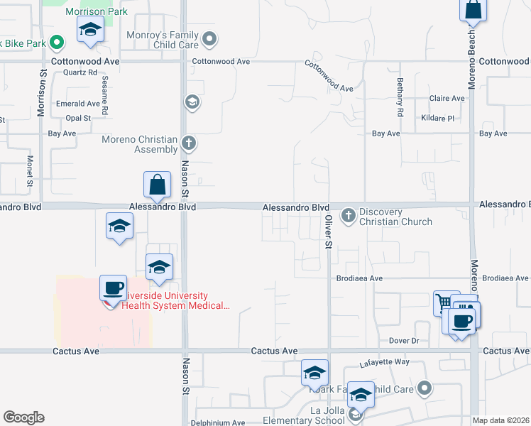 map of restaurants, bars, coffee shops, grocery stores, and more near 14008 Larissa Street in Moreno Valley