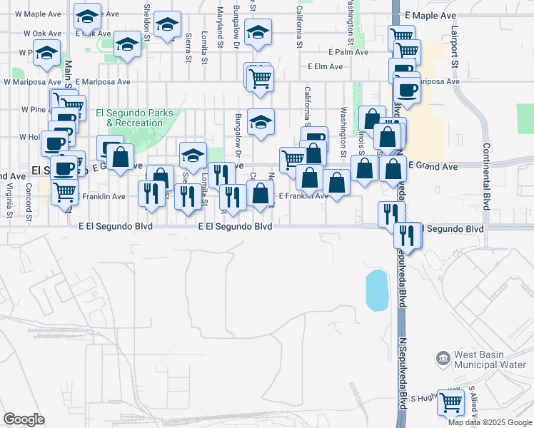 map of restaurants, bars, coffee shops, grocery stores, and more near 1121 East El Segundo Boulevard in El Segundo