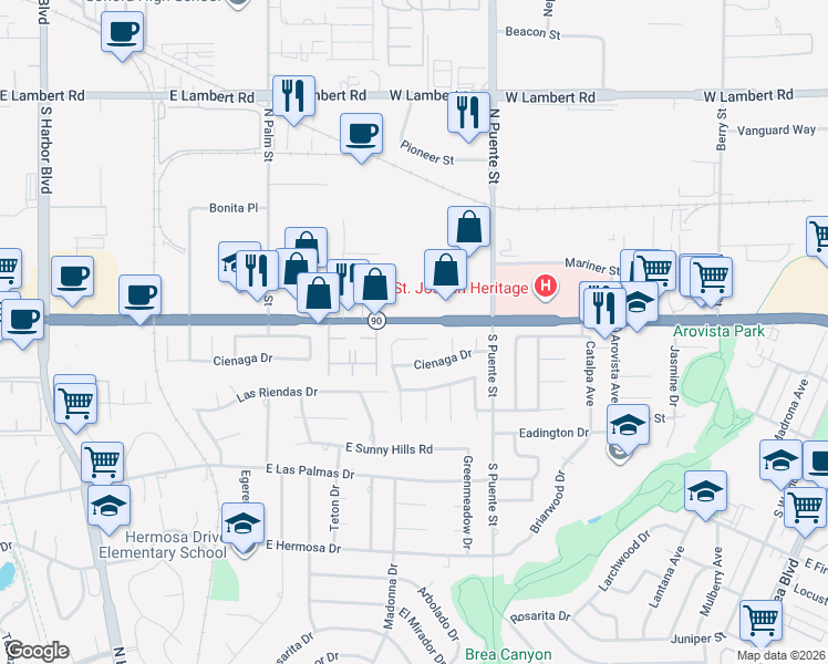 map of restaurants, bars, coffee shops, grocery stores, and more near 725 San Ramon Drive in Fullerton
