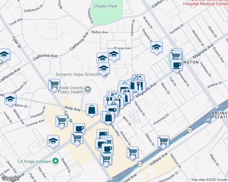 map of restaurants, bars, coffee shops, grocery stores, and more near 3901 Dawes Street in Riverside