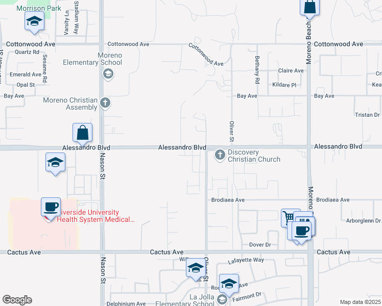 map of restaurants, bars, coffee shops, grocery stores, and more near 14065 Shayna Street in Moreno Valley