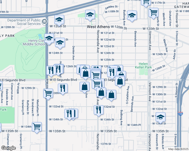 map of restaurants, bars, coffee shops, grocery stores, and more near 1416 West 127th Street in Los Angeles