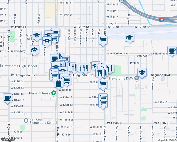 map of restaurants, bars, coffee shops, grocery stores, and more near 4141 West El Segundo Boulevard in Hawthorne